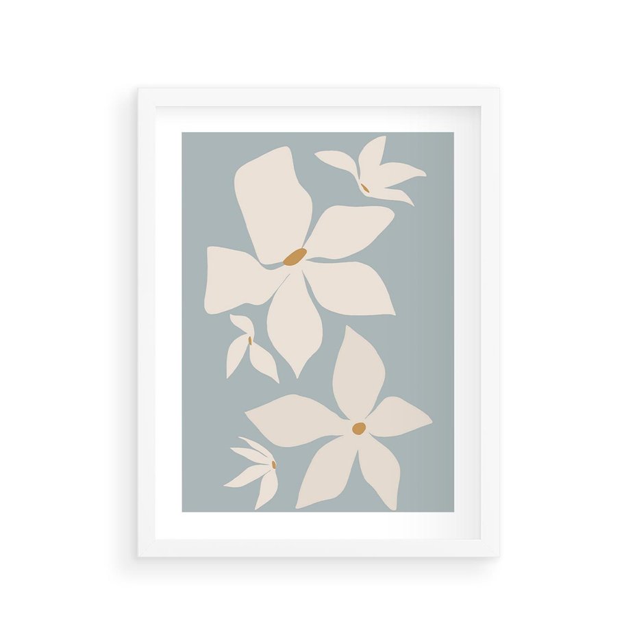 Plakat w ramie 30x40 - Błękit Kwiatów - kwiaty, nowoczesne i minimalistyczne - rama biała