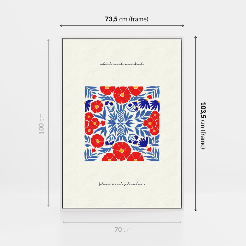 Obraz w ramie 70x100 - Tajemnicza Droga - nowoczesna kwiatowa kompozycja, czerwony i niebieski - rama biała