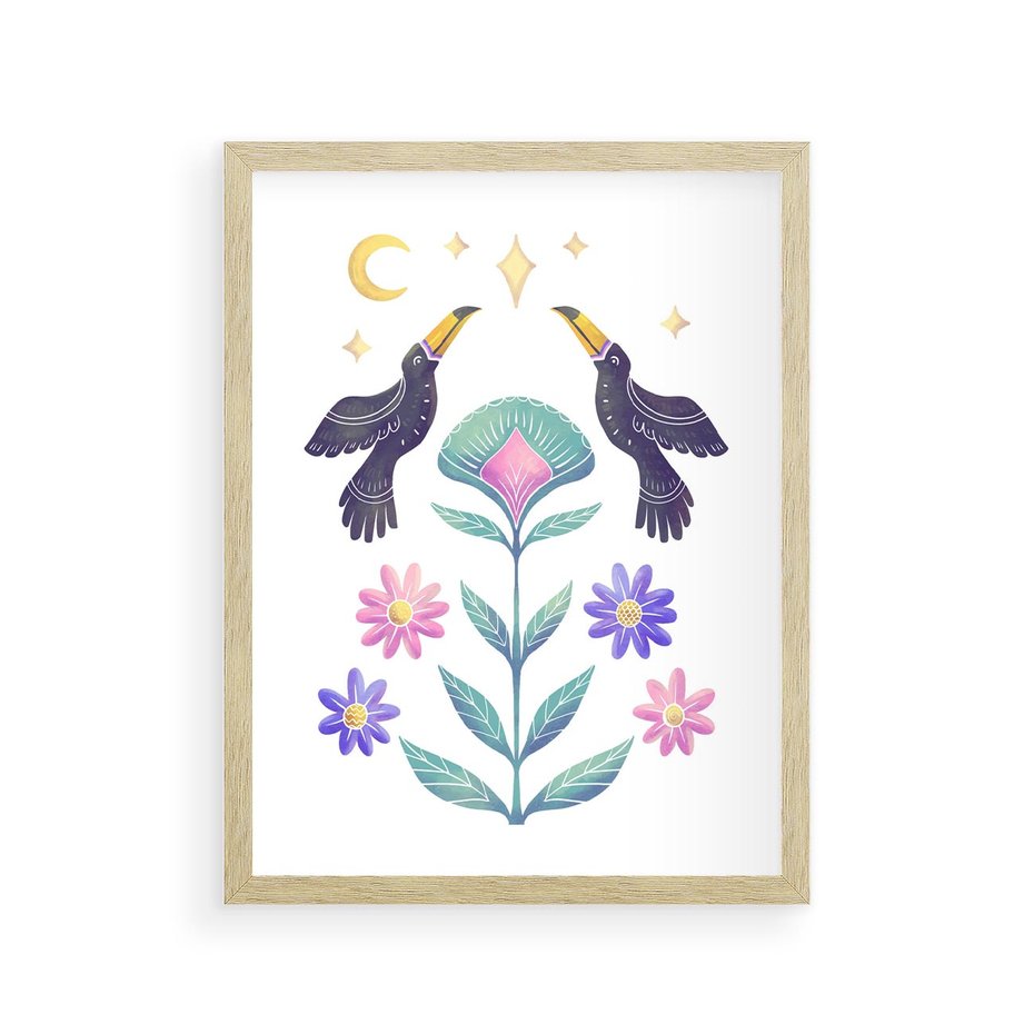 Plakat w ramie 30x40 - Przenikająca Dżungla - boho plakat, tukany - rama drewno