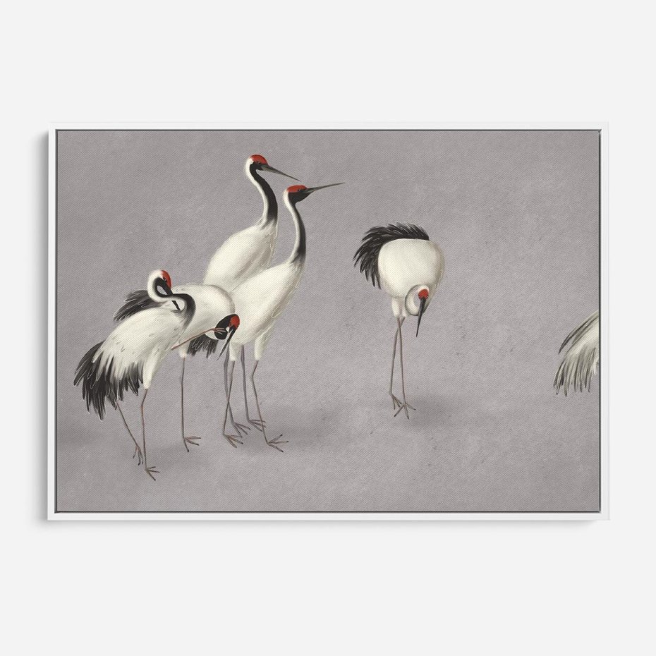 Obraz w ramie 120x80 - Spojrzenie wstecz w pędzlu - szkic rysunek, japońskie żurawie - rama biała