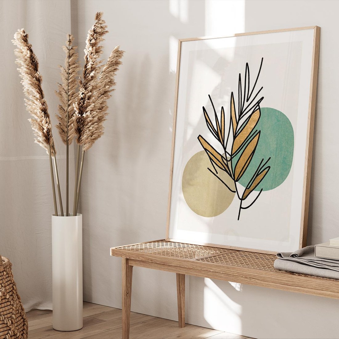 Plakat w ramie 30x40 - Migocące Ścieżki Wizji - abstrakcyjny obraz boho, liście - rama drewno