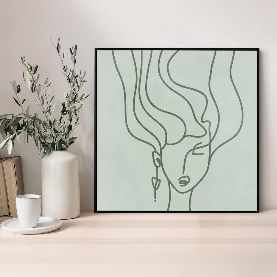 Obraz w ramie 50x50 - Spokojne Objęcia Natury - abstrakcja, zielony szkic - rama czarna