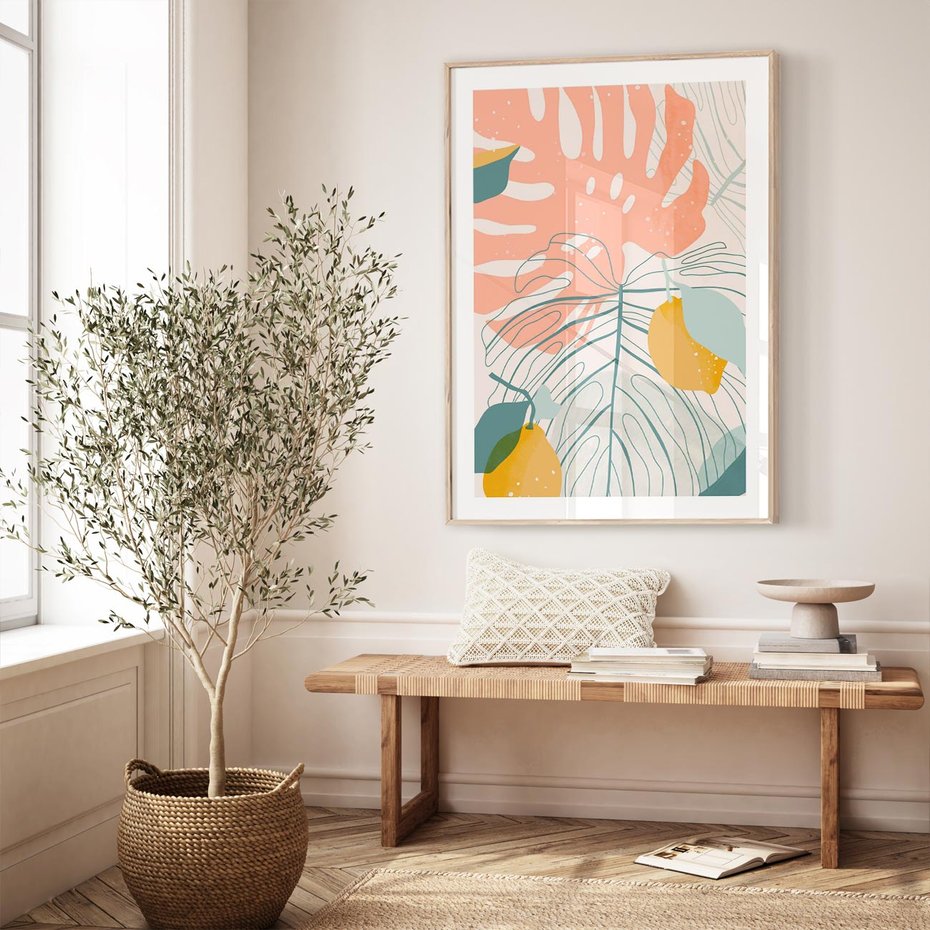 Plakat w ramie 40x50 - Sztuka Natury: Liście Monstery w Pastelach - nowoczesna grafika, pastelowe liście monstery - rama drewno