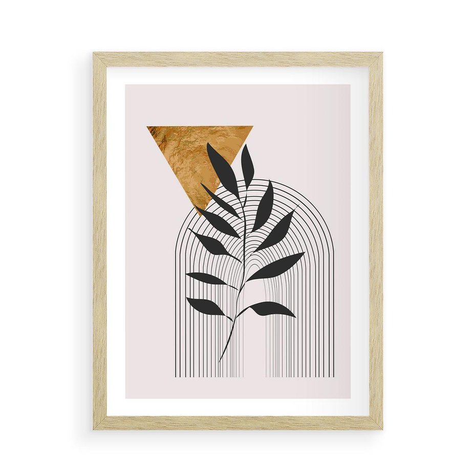 Plakat w ramie 50x70 - Geometria z Elementami Złota i Liści - grafika, złoto - rama drewno