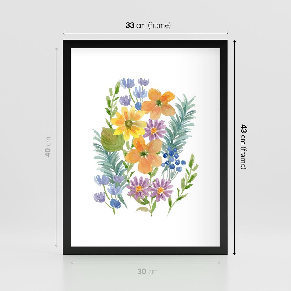 Plakat w ramie 30x40 - Migocące Widoki Kwiatów - akwarelowe polne kwiaty, minimalistyczny plakat - rama czarna