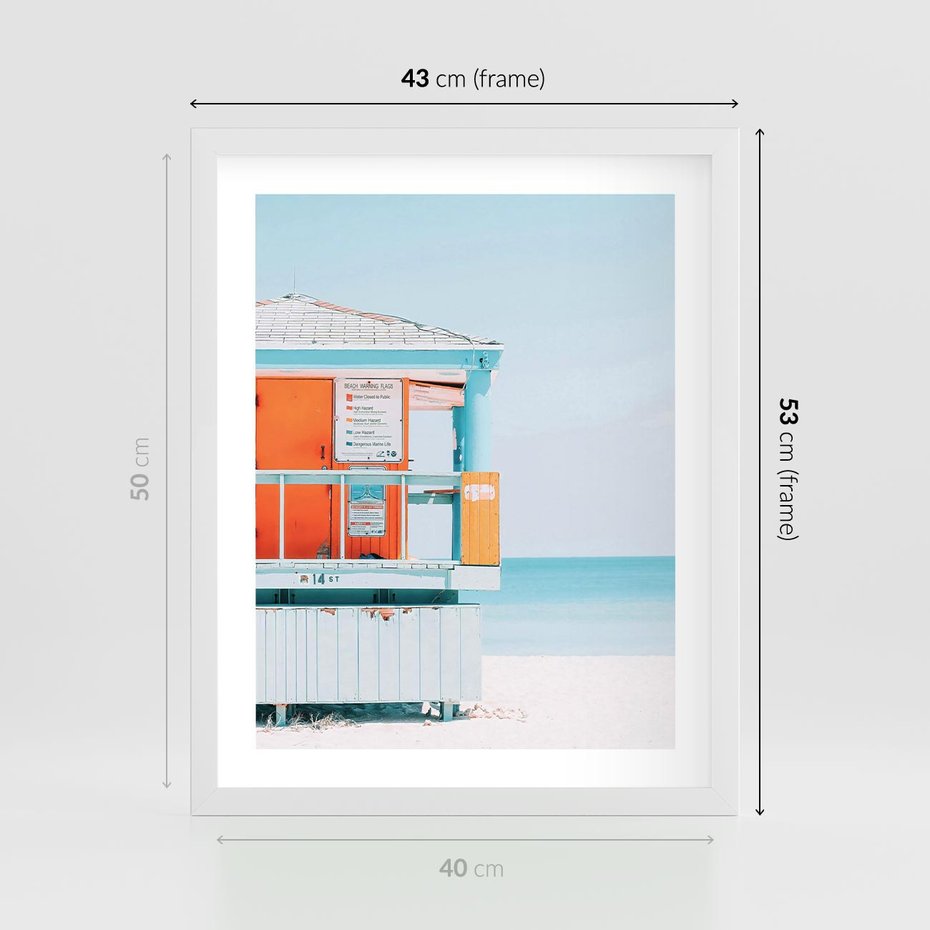 Plakat w ramie 40x50 - Letnia Idylla - plaża, domek na plaży - rama biała