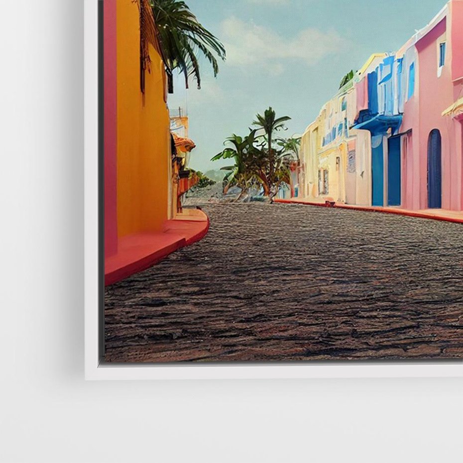 Obraz w ramie 70x50 - Ekspresja marzeń i tęsknot - pastelowe kolorowe budynki, wzdłuż ulicy - rama biała