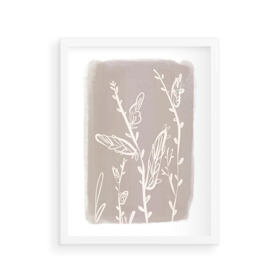 Plakat w ramie 30x40 - Roślinne Przeniknięcia - nowoczesny subtelny plakat, beżowy - rama biała