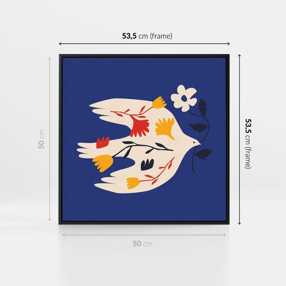 Obraz w ramie 50x50 - Bezgraniczne Widoki - niebieskie tło, abstrakcyjny biały ptak - rama czarna