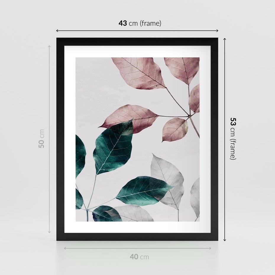 Plakat w ramie 40x50 - Pastelowe Liście w Minimalizmie - pastelowe liście, minimalistyczny obraz - rama czarna