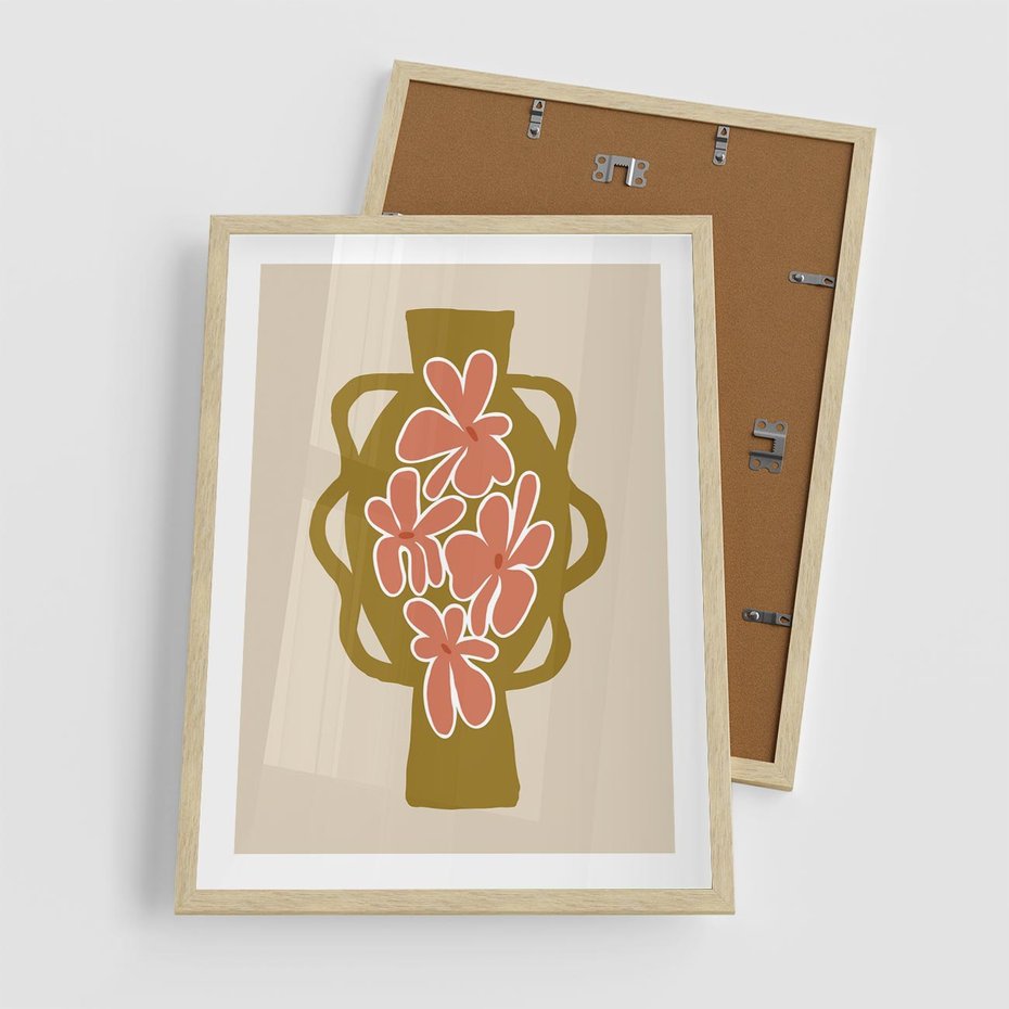 Plakat w ramie 50x70 - Rozbijające Formy - abstrakcyjny plakat, kwiaty na wazonie - rama drewno
