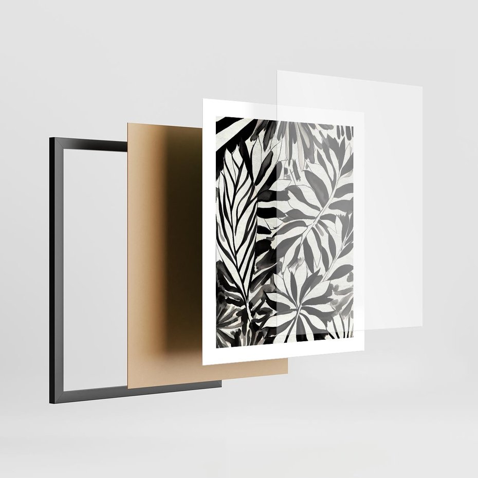 Plakat w ramie 40x50 - Czarne Liście - akwarelowy obraz, czarno biały - rama czarna