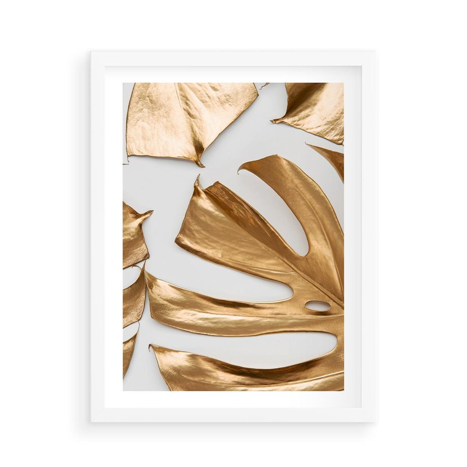 Plakat w ramie 50x70 - Siła Natury - złote, liście - rama biała