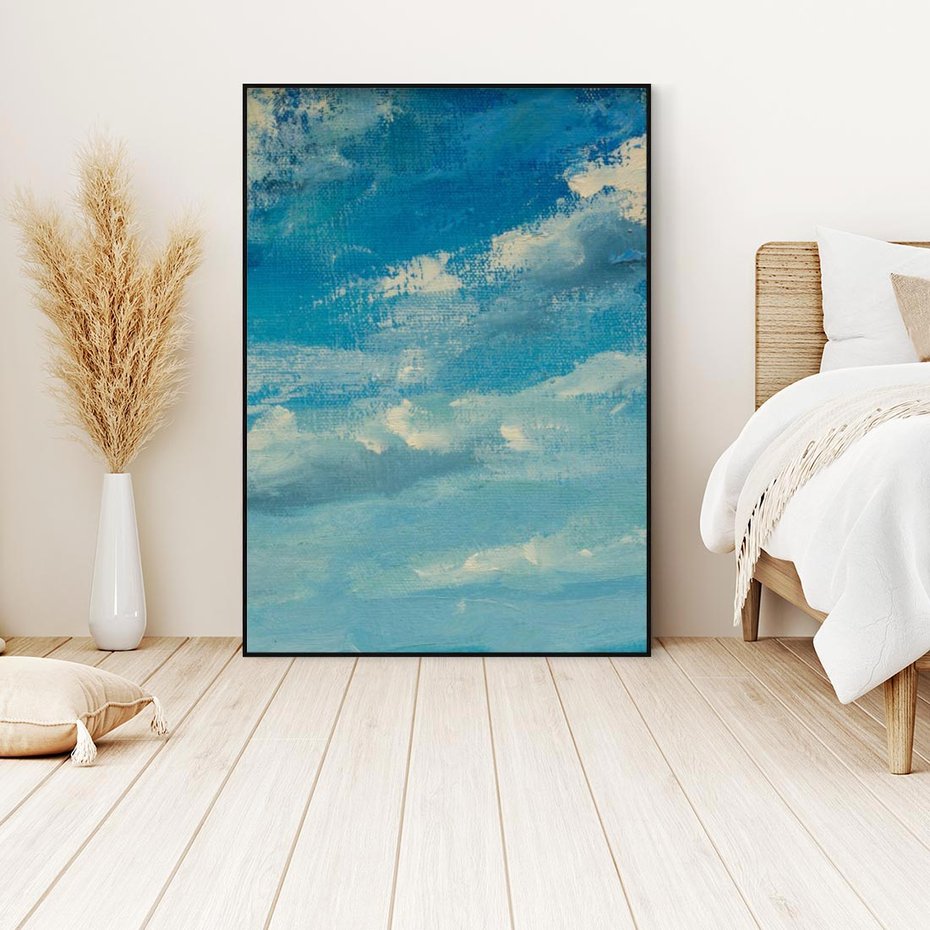 Obraz w ramie 50x70 - Oddechy niebiańskiej materii - olejny obraz, smugi farby przypominają obłoki na błękitnym niebie - rama czarna