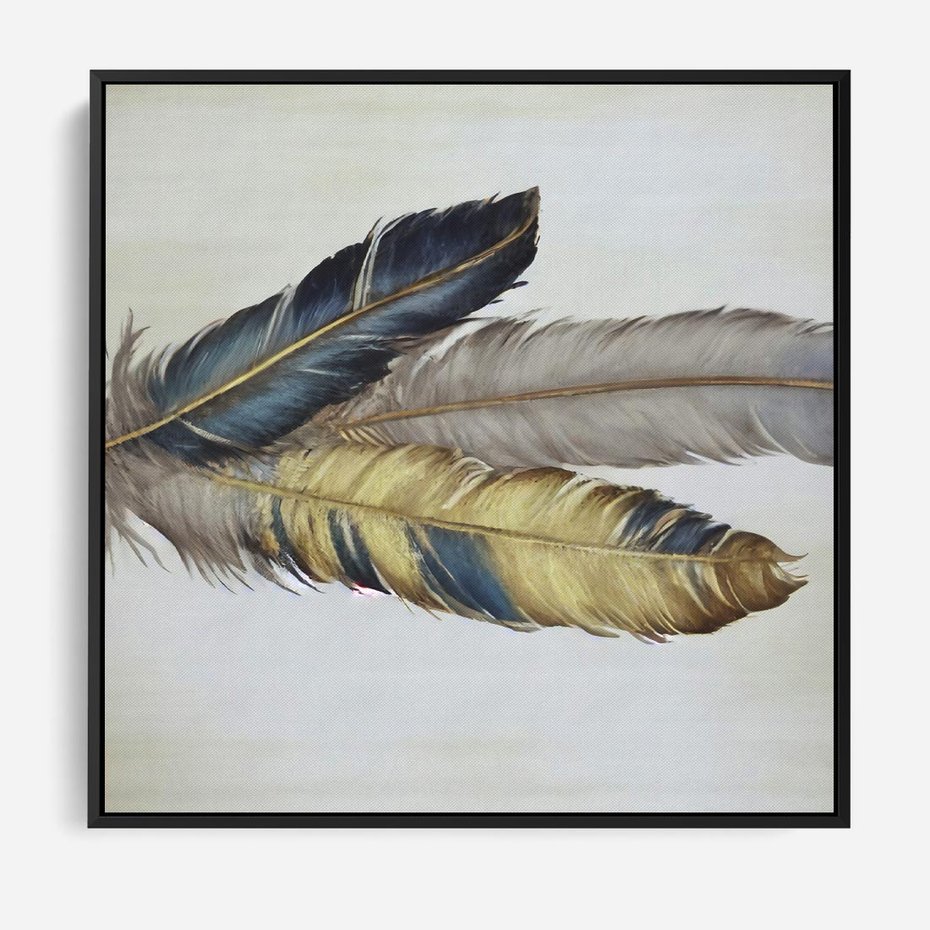 Obraz w ramie 50x50 - Granatowo-Złote Pióra - sztuka, granatowe i złote pióra - rama czarna