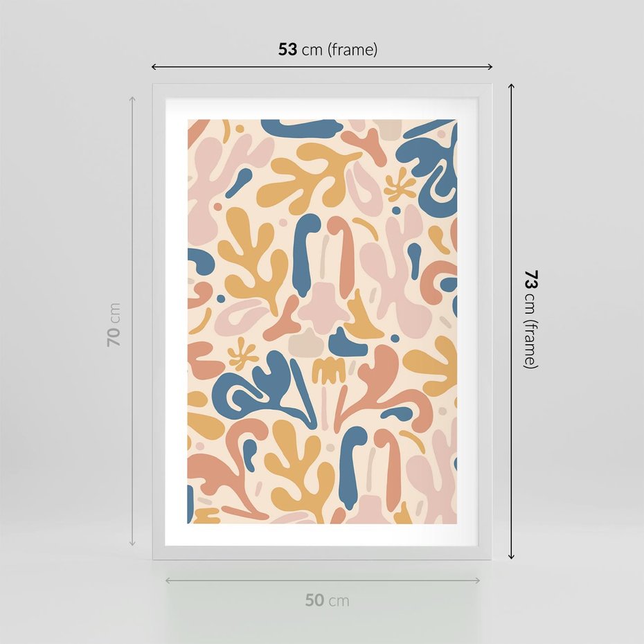 Plakat w ramie 50x70 - Symfonia Radosnych Barw - abstrakcyjne pastelowe formy, nowoczesna grafika w stylu boho - rama biała