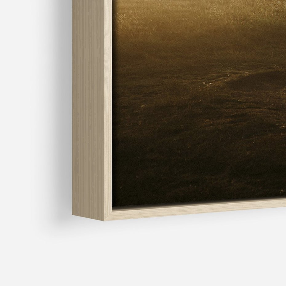 Obraz w ramie 80x120 - Mglisty zachód słońca na ławeczce - mgła, zachód - rama drewno