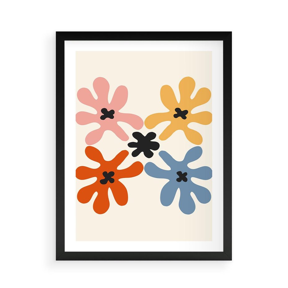 Plakat w ramie 50x70 - Taniec Akwareli - abstrakcyjne wielokolorowe kwiaty, minimalizm - rama czarna