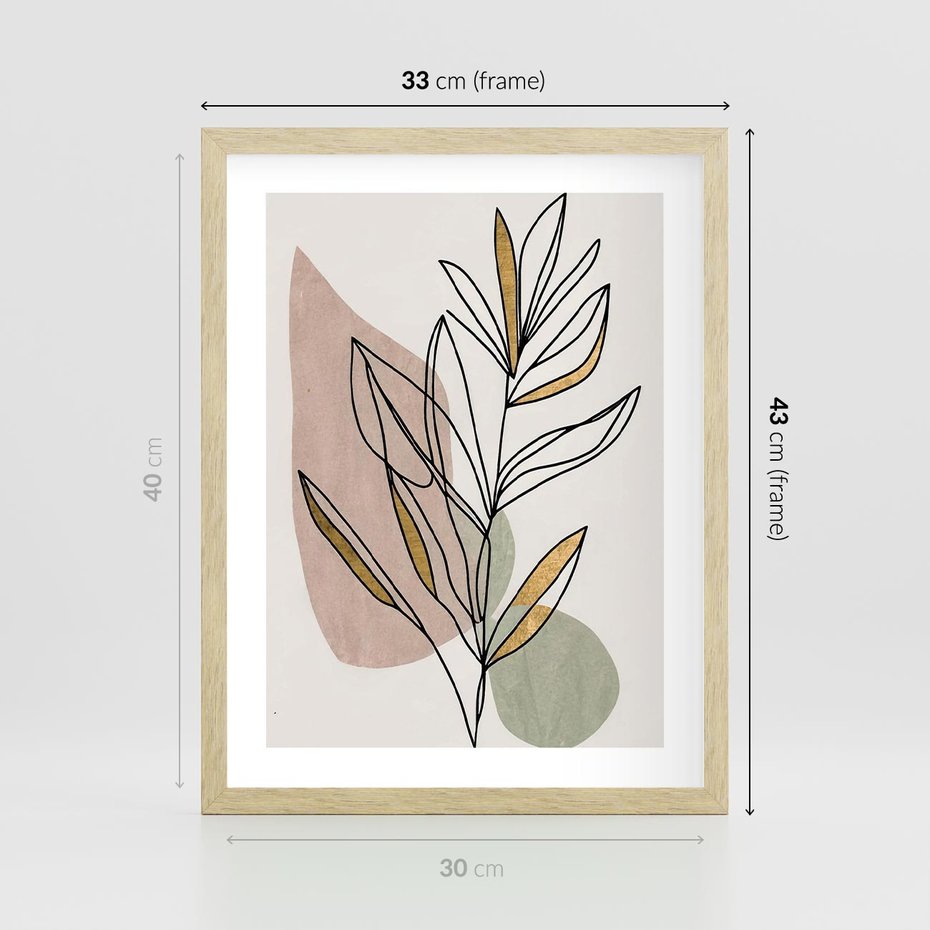 Plakat w ramie 30x40 - Impulsy Subtelnej Harmonii - abstrakcyjny obraz boho, liście - rama drewno