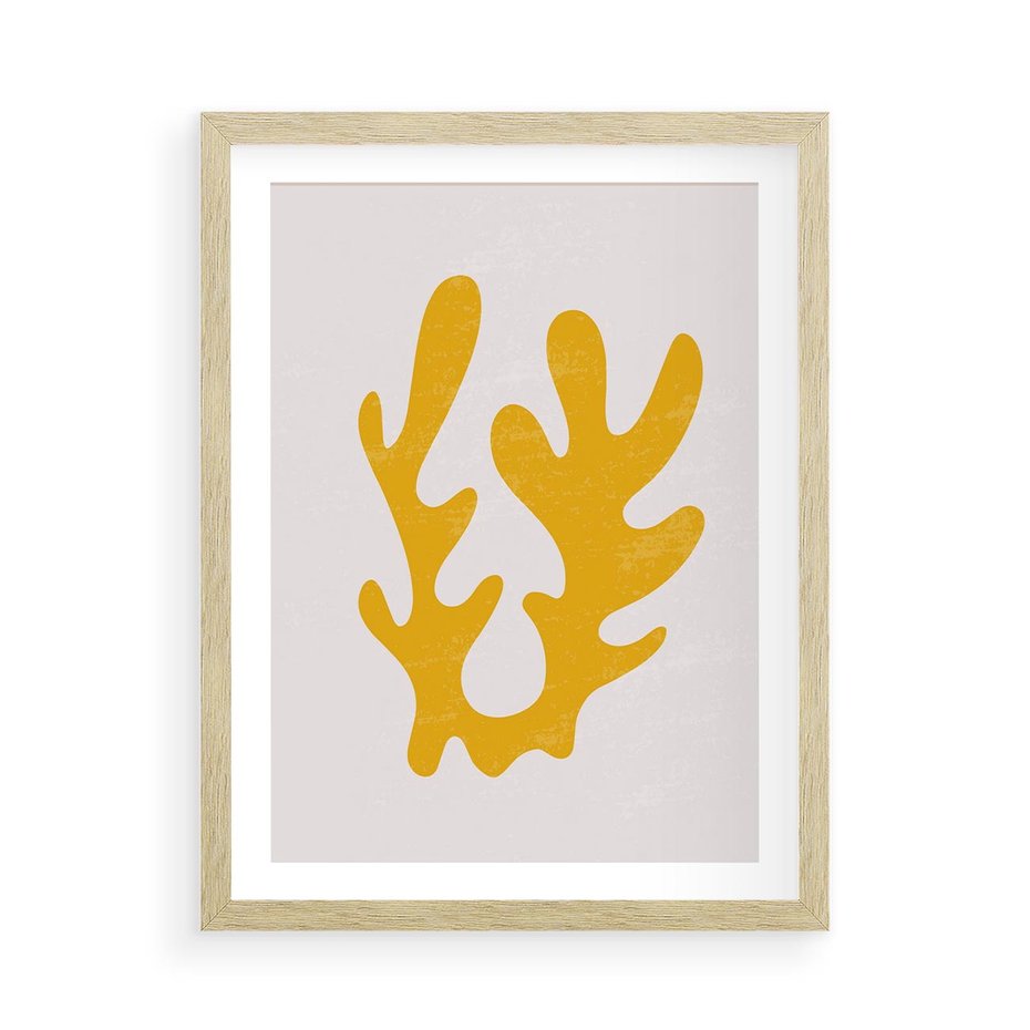 Plakat w ramie 50x70 - Abstrakcyjna Synergia - abstrakcyjna żółta forma, minimalizm - rama drewno