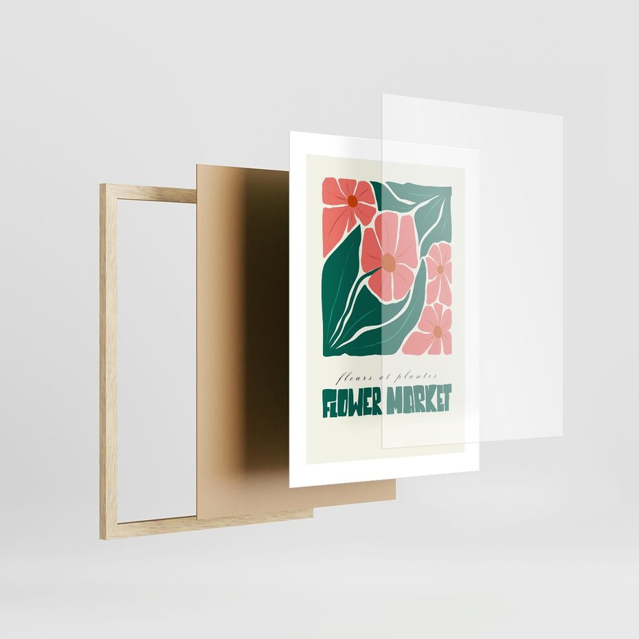 Plakat w ramie 30x40 - Retro Inspiracja - minimalistyczna kwiatowa kompozycja, pastelowe kolory - rama drewno