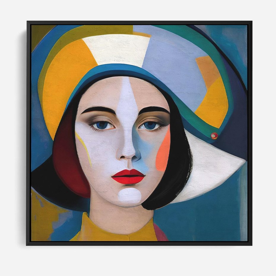 Obraz w ramie 50x50 - Kształtujące Widzenia - abstrakcyjny obraz olejny, portret twarzy kobiety - rama czarna