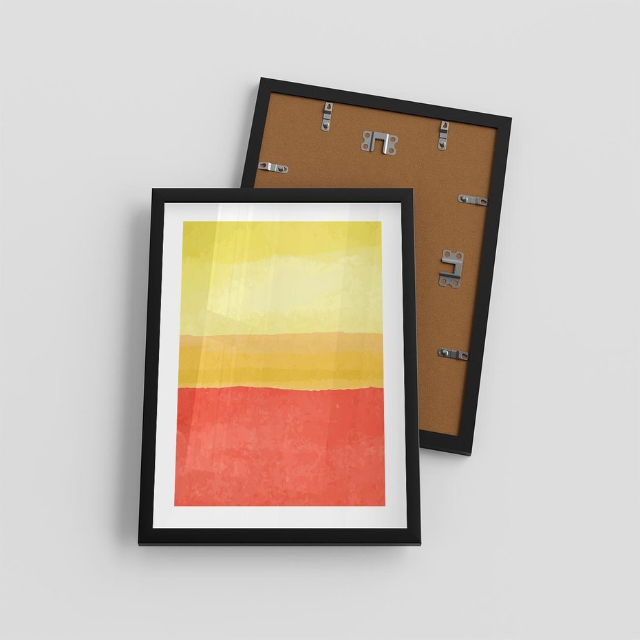 Plakat w ramie 30x40 - Rozmyte Odbicia - kolorowe akwarelowe pasy, odcienie żółci i czerwieni - rama czarna