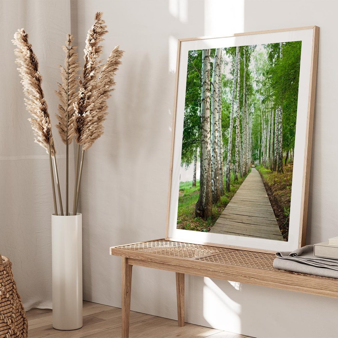 Plakat w ramie 40x50 - Spacer ścieżką przez brzozowy las - las, ścieżka - rama drewno