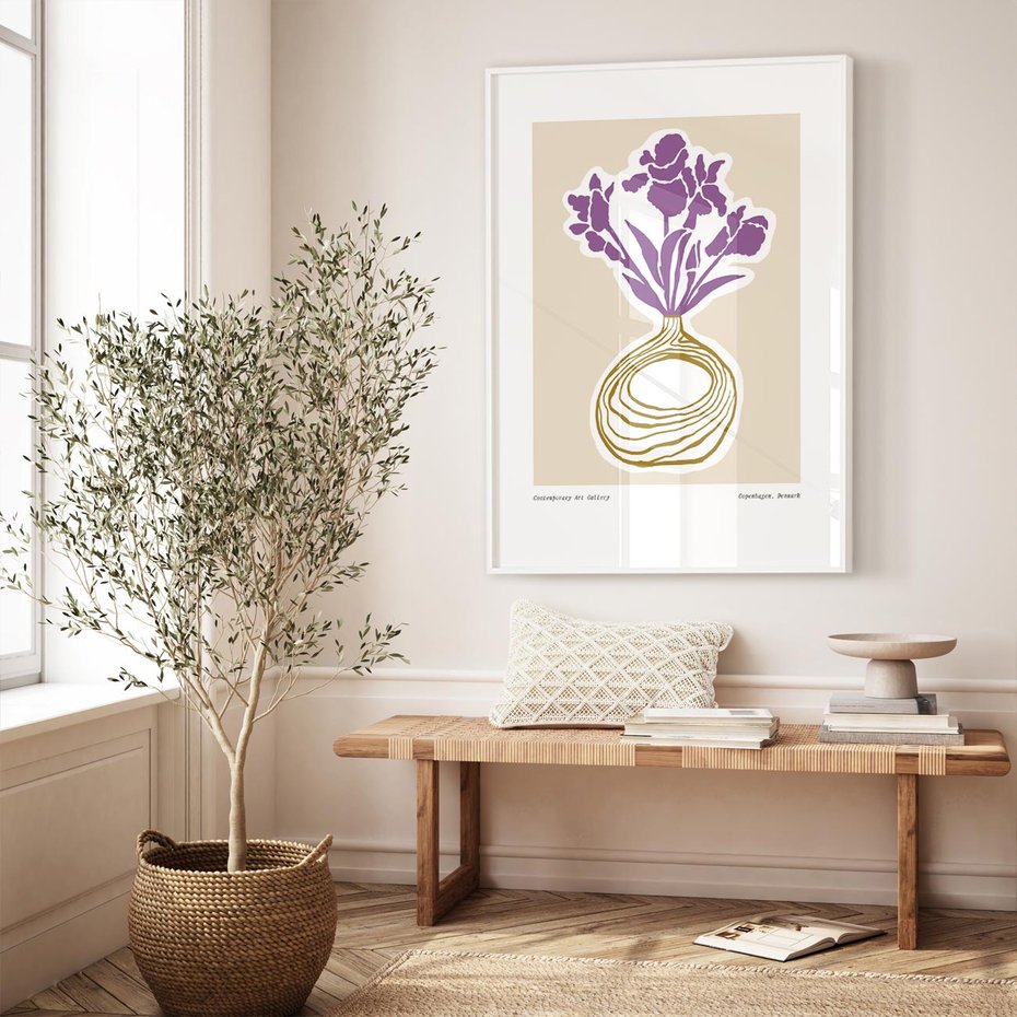 Plakat w ramie 40x50 - Migocące Anomalie - abstrakcyjne liście, kwiaty tropikalne w wazonie - rama biała