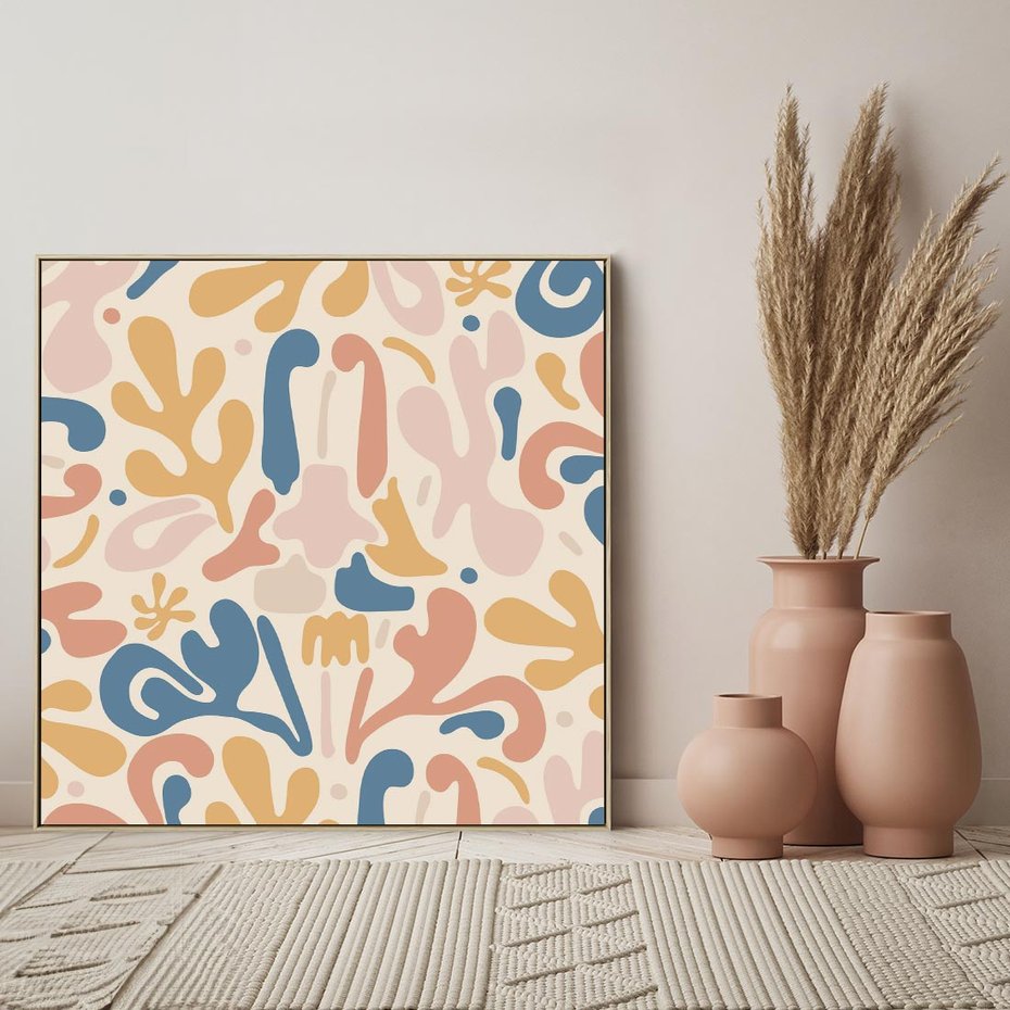 Obraz w ramie 80x80 - Symfonia Radosnych Barw - abstrakcyjne pastelowe formy, nowoczesna grafika w stylu boho - rama drewno