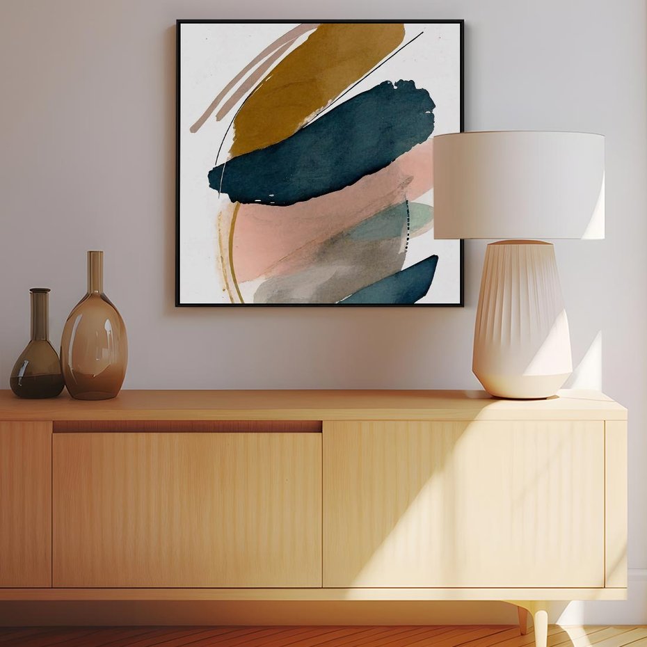 Obraz w ramie 50x50 - Migocące Impresje Przestrzeni - abstrakcyjny obraz, kolory ciepłe - rama czarna