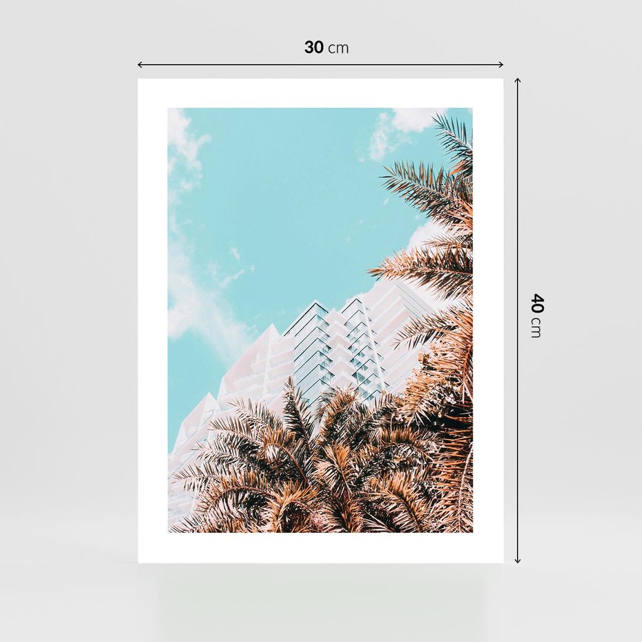 Plakat bez ramy 30x40 - Wakacyjny Raj - palmy, wysokie budynki