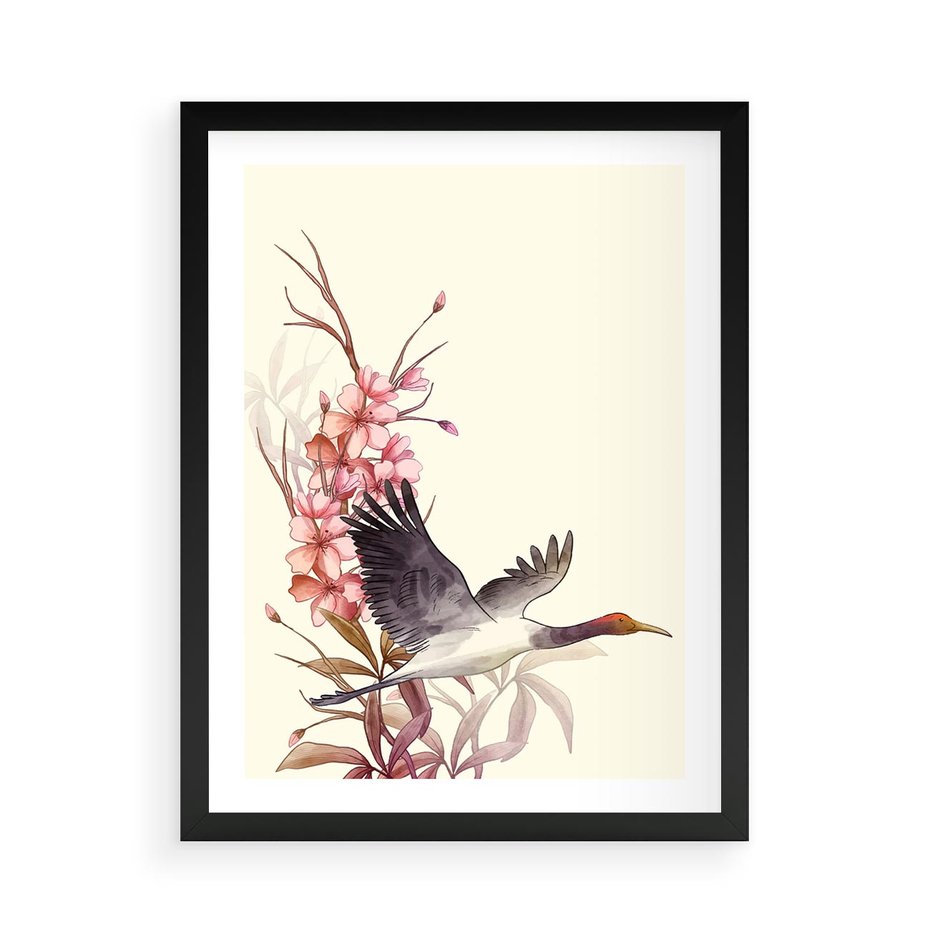 Plakat w ramie 50x70 - Szept Japonii - japońska sztuka, ptak - rama czarna