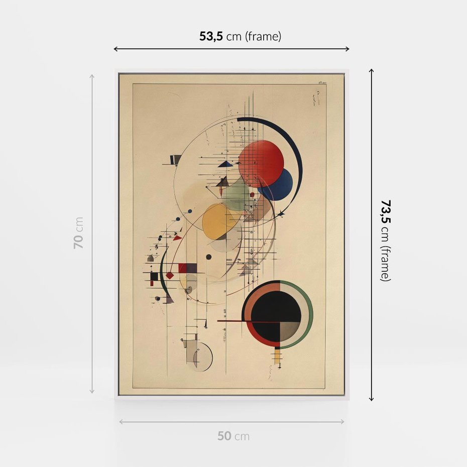 Obraz w ramie 50x70 - Impulsy Wydobyte z Cienia - abstrakcyjna geometryczna kompozycja, koła linie - rama biała