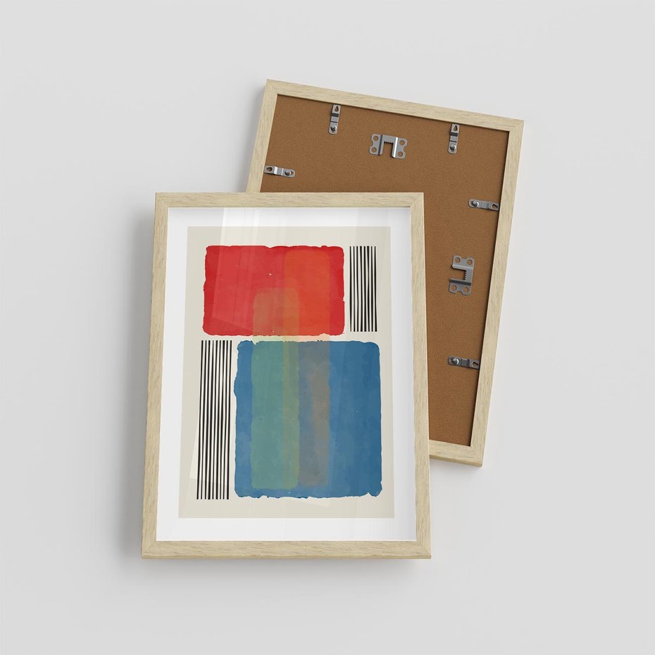 Plakat w ramie 30x40 - Kolorowe Spektrum - kolorowa geometria, prostokąty w intensywnych kształtach i czarne kreski - rama drewno