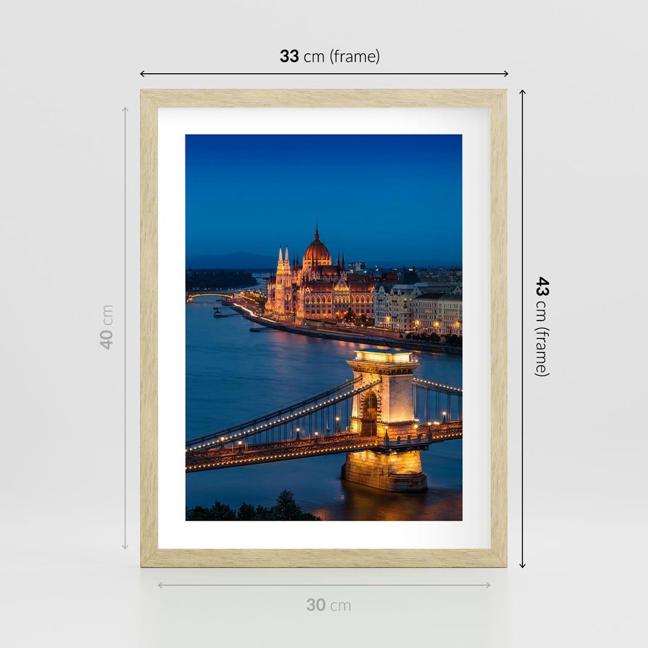 Plakat w ramie 30x40 - Mostowe miasto nocą - miasto, most - rama drewno