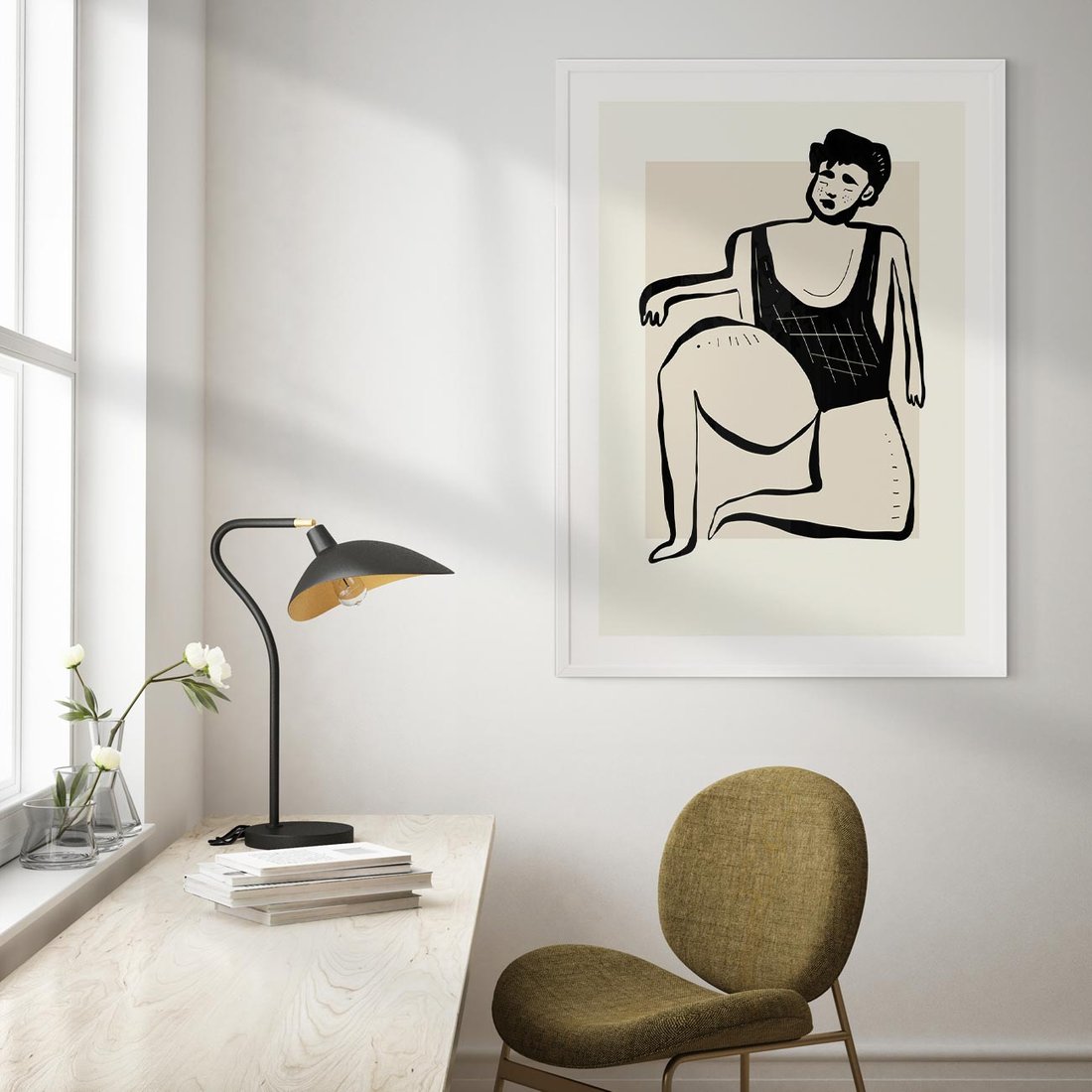 Plakat w ramie 50x70 - Szkic Kobiety w Czerni i Bieli - grafika, modern - rama biała