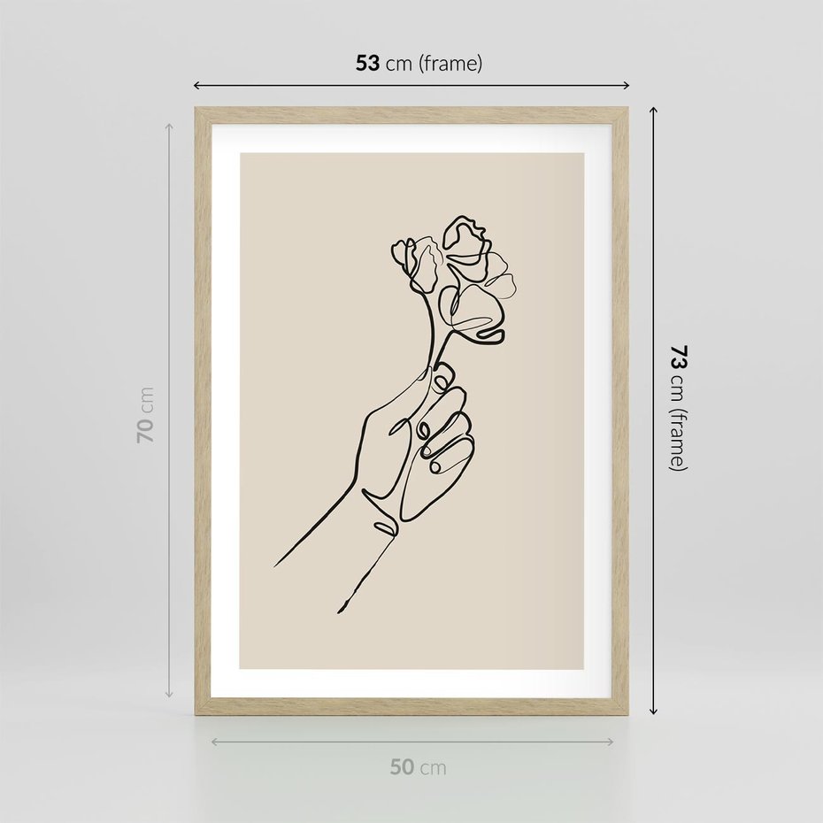 Plakat w ramie 50x70 - Szkic Kwiatu - kwiat w dłoni, szkic - rama drewno