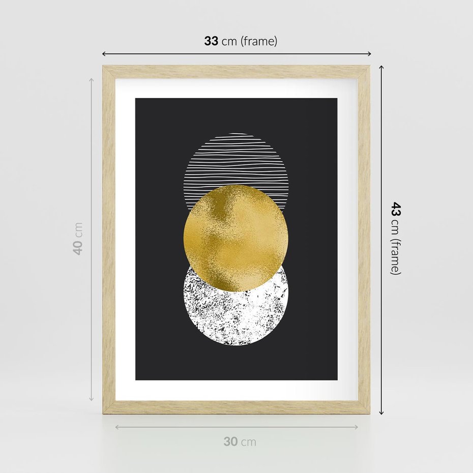 Plakat w ramie 30x40 - Geometryczna Perfekcja: Złote Koło - geometryczna grafika, złote koło - rama drewno