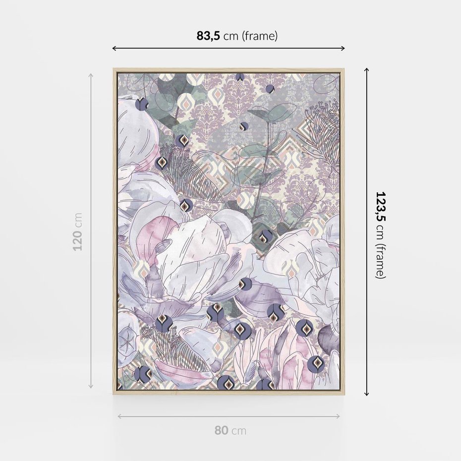 Obraz w ramie 80x120 - Malowane oddechy istnienia - pomieszane tekstury, kwiatowe elementy - rama drewno