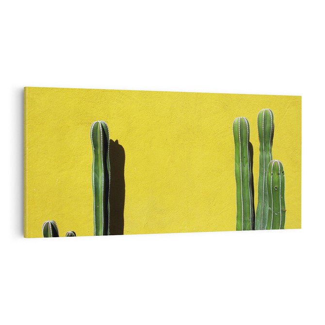 Obraz na płótnie 100x50 - Refleksje w roślinnym odbiciu - zielone kaktusy na tle żółtej ściany, soczyste kolory