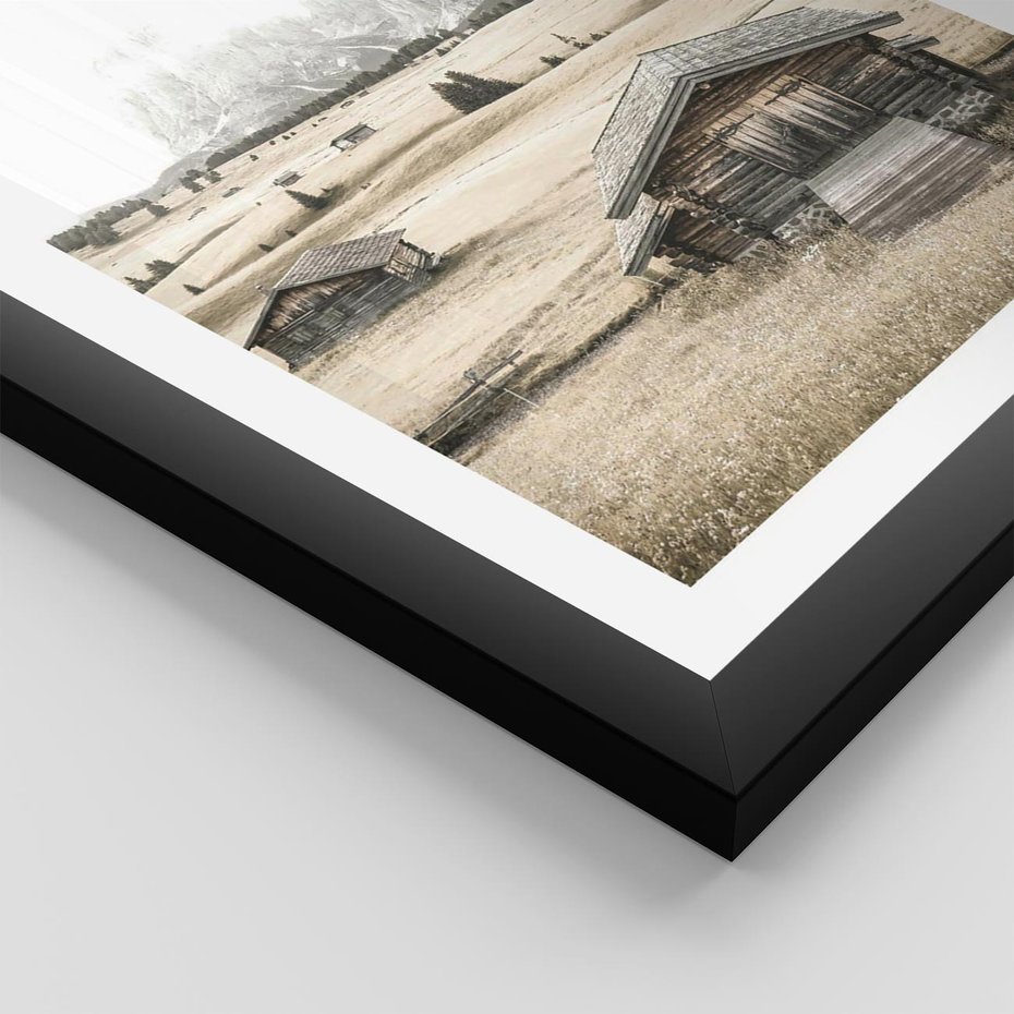 Plakat w ramie 50x70 - Chatka w Górskiej Sepii - domek w górach, chatka - rama czarna