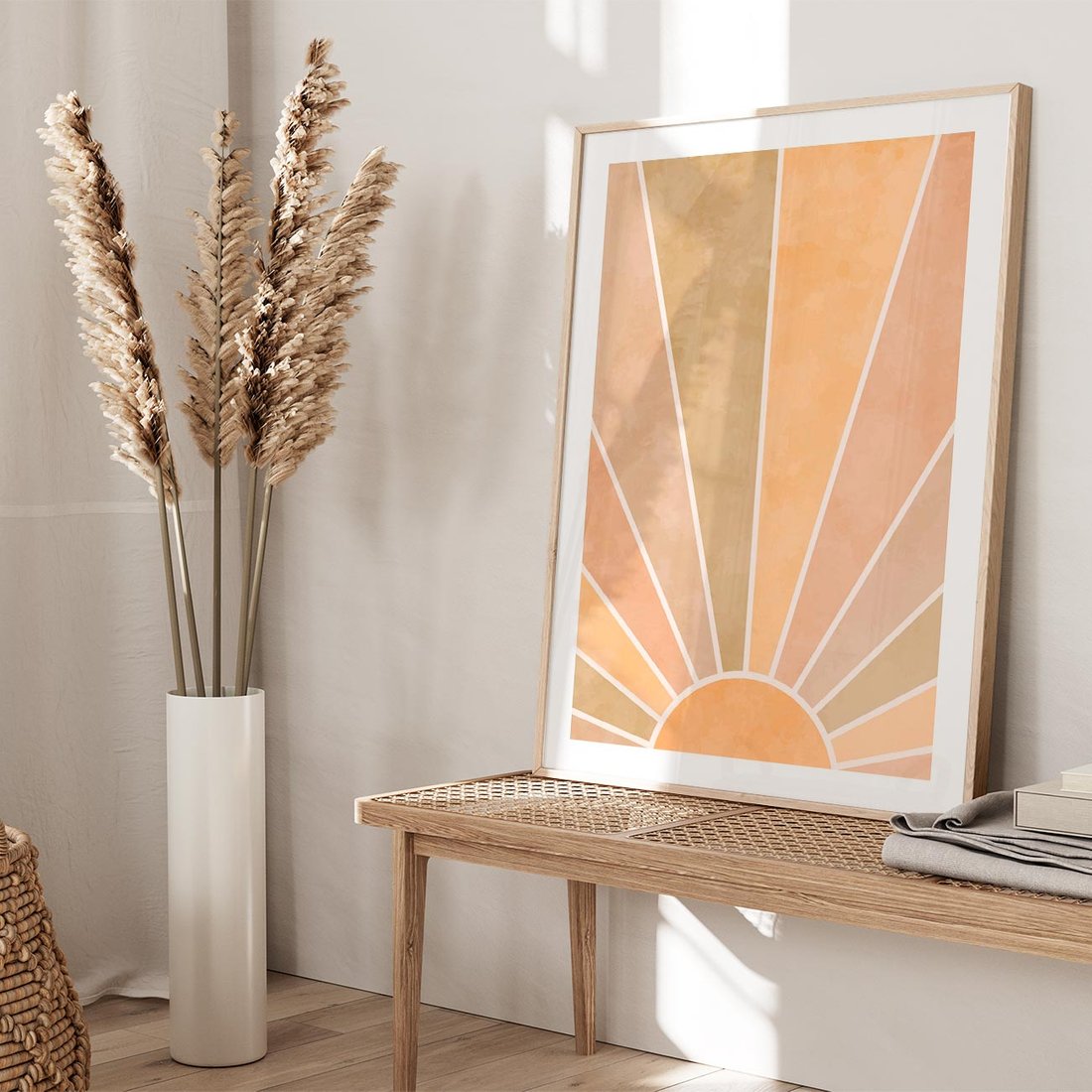 Plakat w ramie 50x70 - Grafika Boho w Odcieniach Pomarańczu - boho słońce, grafika - rama drewno