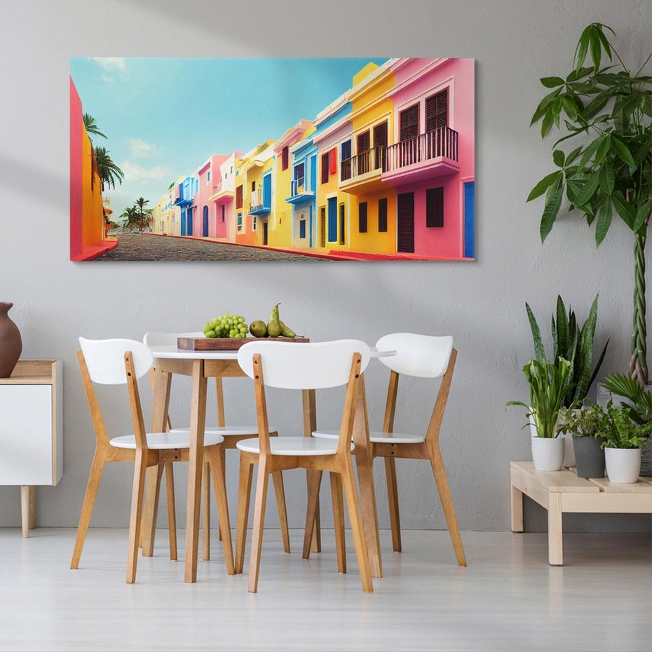 Obraz na płótnie 140x70 - Ekspresja marzeń i tęsknot - pastelowe kolorowe budynki, wzdłuż ulicy