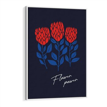 Obraz w ramie 80x120 - Podróżne Barwy - czerwone abstrakcyjne kwiaty, granatowe tło - rama biała