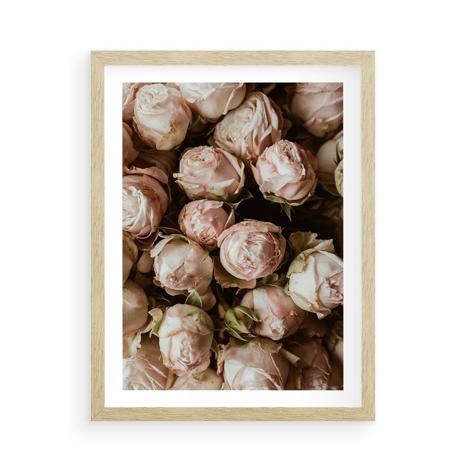 Plakat w ramie 50x70 - Róże i Różowe Kwiaty w Kompozycji - róże, różowe kwiaty - rama drewno