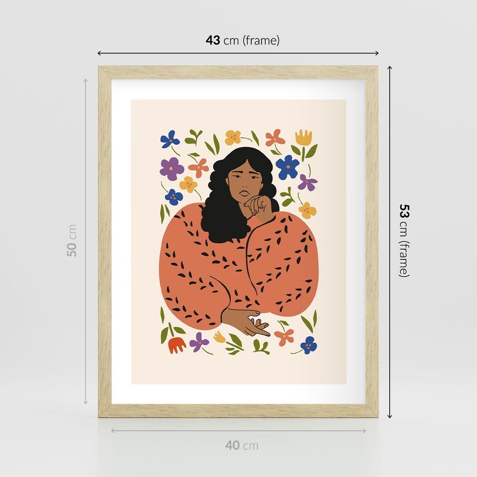 Plakat w ramie 40x50 - Rozplątane Emocje - nowoczesny plakat, kobieta otoczona kwiatami - rama drewno
