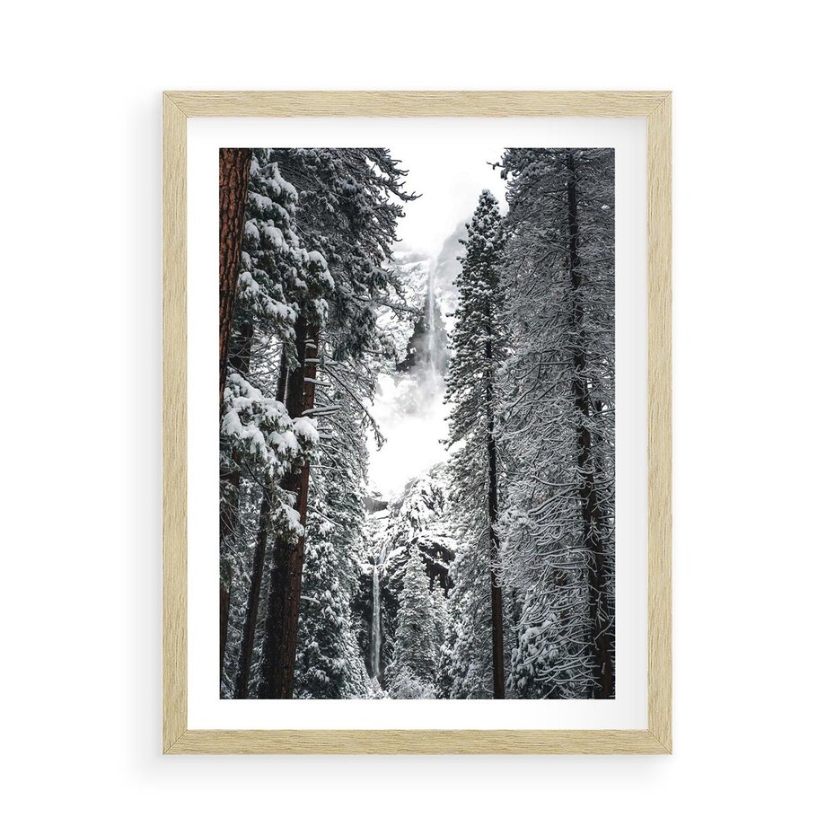 Plakat w ramie 50x70 - Cicha Magia Zimowego Lasu - zimowy las, ośnieżone drzewa - rama drewno