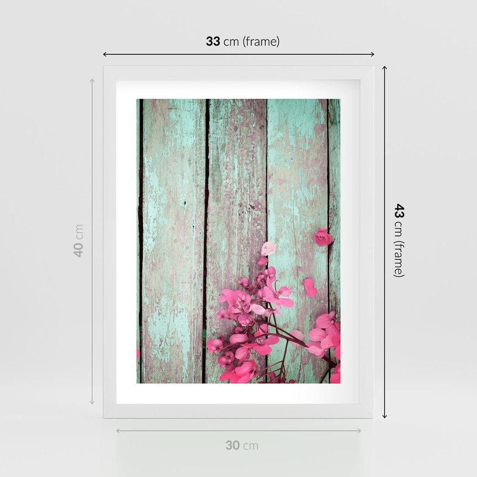 Plakat w ramie 30x40 - Urok Dawnych Czasów - kwiaty, deski - rama biała