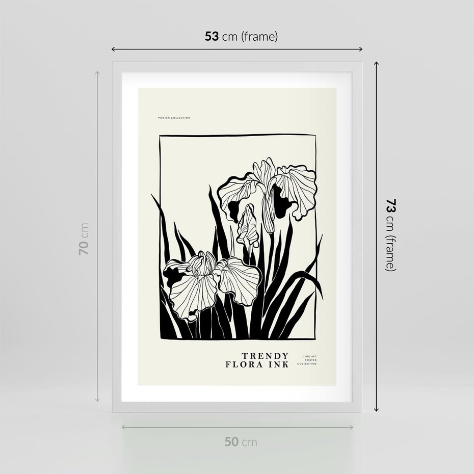 Plakat w ramie 50x70 - Spojrzenia na szkicowaną przeszłość - kwiaty, typografia - rama biała